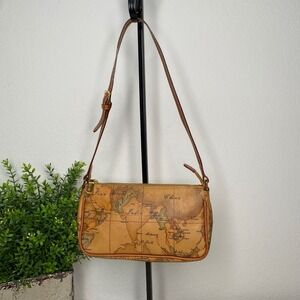Alviero Martini 1a Classe Geo Map Baguette Shoulder Bag Tan Leather Trim Italian